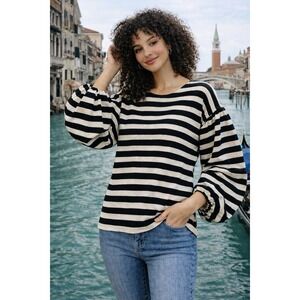 J. Crew Mariner Cloth Puff Bishop Sleeve Black Sand Icon Striped Top Sz XL NEW